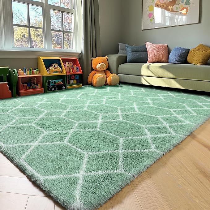 ONASAR Area Rugs for Bedroom Living Room, Washable 4x6 Fluffy Sage Green and White Throw Rug, Shaggy Geometric Floor Mat for Home Decor Aesthetic, Soft Plush Fuzzy Carpet for Nursery Kids Teen Dorm