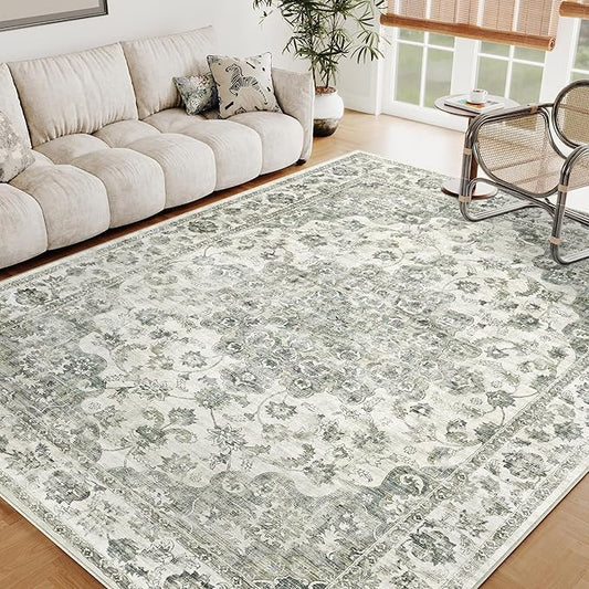 5x7 Washable Neutral Area Rug Green Floral Living Room Bedroom Carpet Non-Slip Low Pile Vintage Soft Thin Throw Rug for Dining Room Entryway Dorm Office Kitchen Bathroom