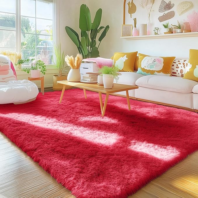 OLANLY Area Rugs for Living Room Bedroom, Machine Washable 4x5.9 Feet Soft Fluffy Shaggy Bedside Rug, Indoor Floor Carpet for Kids Girls and Boys, Dorms, Nursery Rooms, Home Decor Aesthetic, Red