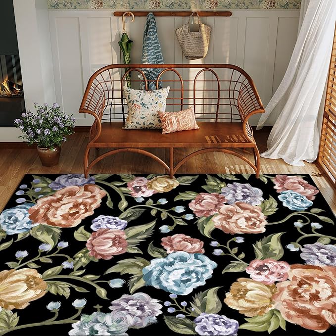 Black Area Rug 4x6 Floral Office Door Mat Living Room Indoor Non Slip Kitchen Carpet Washable Bedroom Low Pile Soft Accent Rug for Office Dining Room Bathroom Farmhouse