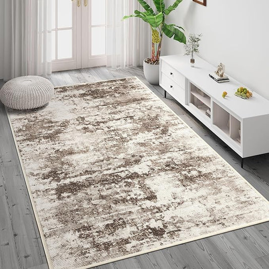 3x5 Abstract Washable Area Rug, Doormat Rugs, No Pile, Tear and Stain Resistance, Non-Slip, Hand Woven Style Thin Entryway Rug Throw Rug for High Traffic Entrance Bedside- Brown