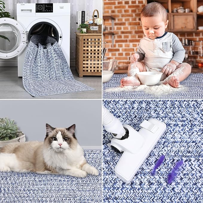 Washable Rug 9x12 Area Rug for Bedroom Printed Braided Modern Living Room Rug Soft Large Area Rug Non Slip Throw Rugs Stain Resistant Carpet for Nursery Dining Room Office 9'x12' Light Blue