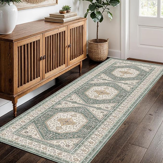 2x5 Runner Rug for Hallway Washable: Non Slip Kitchen Rugs with Rubber Backing Soft Waterproof Mats Stain Resistant Indoor Vintage Carpet Runner for Bedroom Bathroom Laundry Entryway Green/Beige
