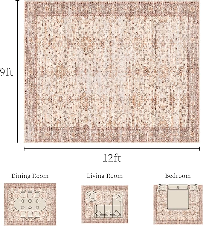 9x12 Rug, Washable Neutral Boho Modern Vintage Non Slip Floral Area Carpet, Low Pile Soft Rugs, Slip Resistance, Pet-Friendly, Durable Rug for Living Room, Bedroom, Kitchen, Dining Room