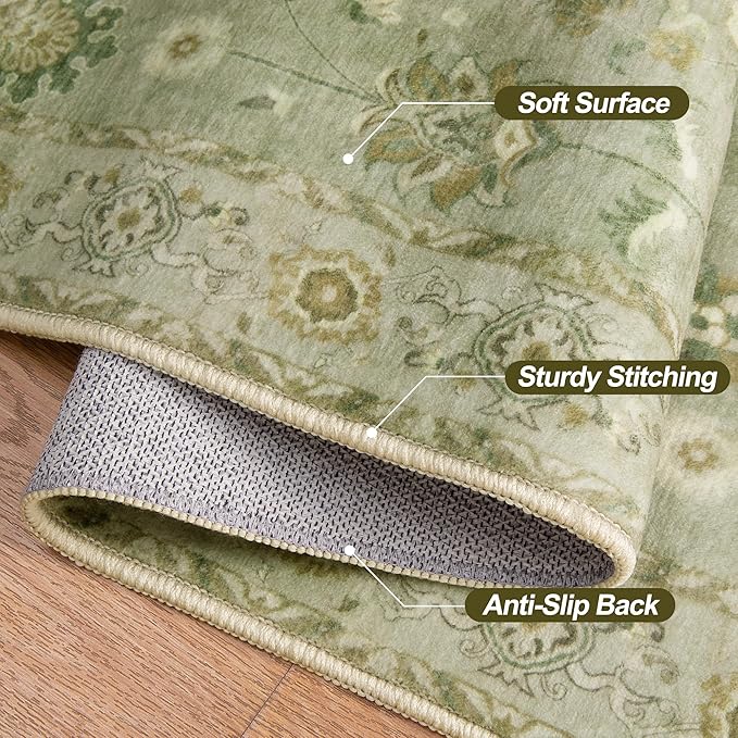 2x5 Washable Runner Rug for Hallways, Non-Slip Floral Vintage, Soft Low Pile Long Carpet, Print Distressed Green for Kitchen Bedroom Entryway Bathroom Living Room