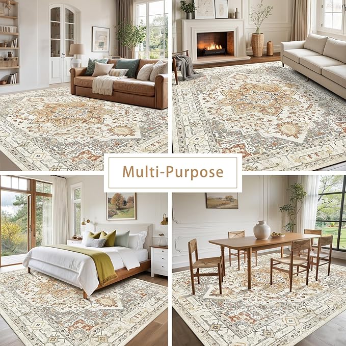 Washable Rugs 8x10 Area Rugs for Living Room,Rugs for Bedroom,Large Carpets,Ultra Soft Faux Wool Retro Dining Room Rug,Non Slip&Non-Shedding Low Pile Vintage Print Rug for Home Office,Turmeric