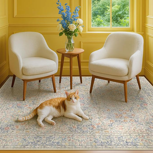 Beige Blue Bedroom Rug 5x7 Area Rug for Living Room Vintage Washable Floral Mat for Dining Room Low Pile Non Slip Stain Resistance Distressed Retro Indoor (5x7 Beige Blue)