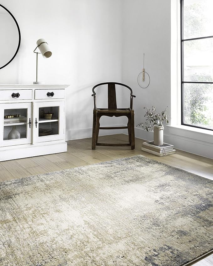 Loloi Teagan Collection 6'-7" x 9'-2" Area Rug in Ivory/Mist - Large, Soft Neutral Rug, High-Traffic for Living Room, Bedroom, Home Office, Dining Area