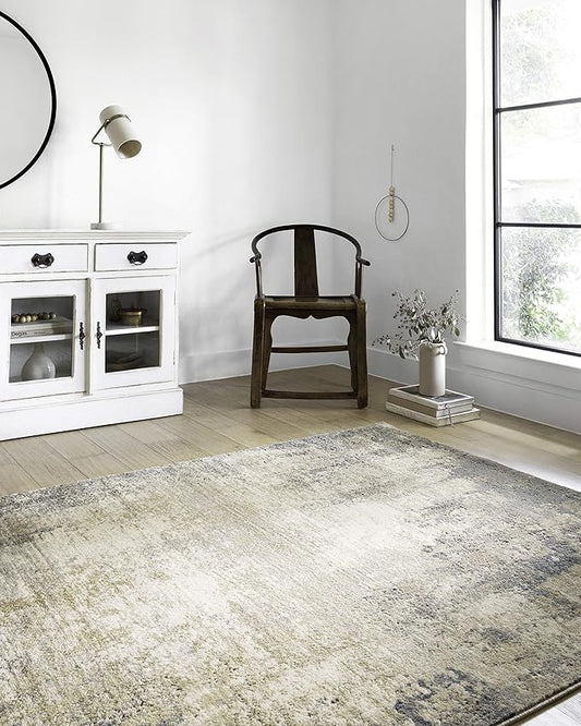 Loloi Teagan Collection 6'-7" x 9'-2" Area Rug in Ivory/Mist - Large, Soft Neutral Rug, High-Traffic for Living Room, Bedroom, Home Office, Dining Area
