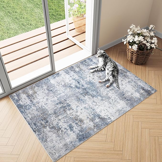 3x5 Washable Rug Grey Blue Entryway Rugs Hallway Area Rug Indoor Accent Rug Abstract Non Slip Low Pile Carpet Distressed Throw Rugs for Bedroom Living Office Dining Kitchen