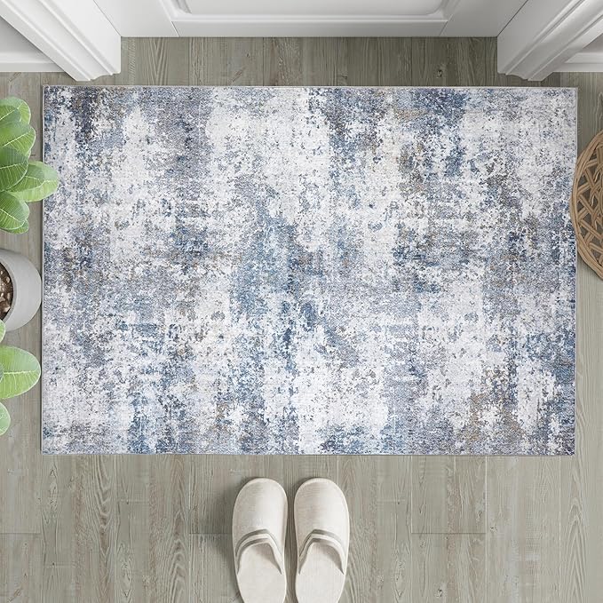 2x3 Entryway Rugs Grey Blue Machine Washable Area Rug Entrance Door Mat Indoor Accent Rug Abstract Non Slip Low Pile Carpet Distressed Throw Rug for Kitchen Bedroom Office