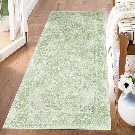 MUJOO Green Rug Washable Runner Rug for Kitchen Bathroom Entryway Non Slip Carpet Throw Rugs for Hallway Bedside Laundry Room Long Boho Area Rug Soft Floral Home Decor 2'x6'
