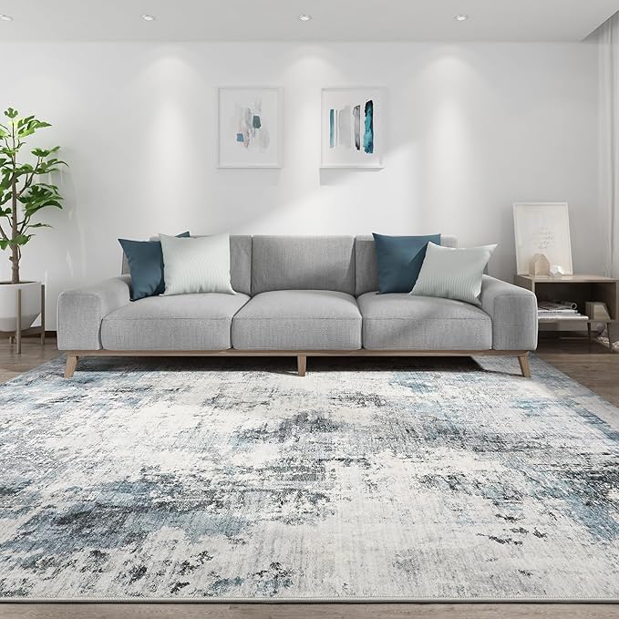 Washable Rug 9x12 Area Rugs for Living Room: Modern Abstract Neutral Soft Large Rug for Bedroom Dining Room Under Kitchen Table Home Office Decor - Grey Blue