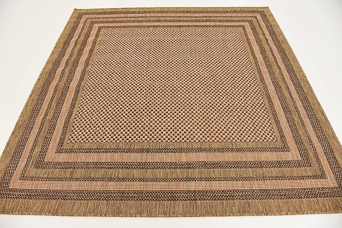 Unique Loom Outdoor Border Collection Area Rug - Multi Border (6' Square, Light Brown/ Brown)