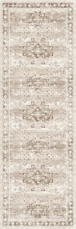 Boho Long Bathroom Runner Rug 24 x 72 Washable Non Slip - Soft Stain Reistant Rugs for Kitchen, Laundry Room, Hallway Runner - Neutral Floral Design Décor (2x6 Beige/Latte)