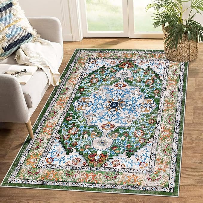 U'Artlines Boho Vintage Area Rug 4x6 Machine Washable Low Pile Soft Floor Carpet Non Slip Non Shedding Accent Rug for Living Room Bedroom Entryway Dining Room Office Green