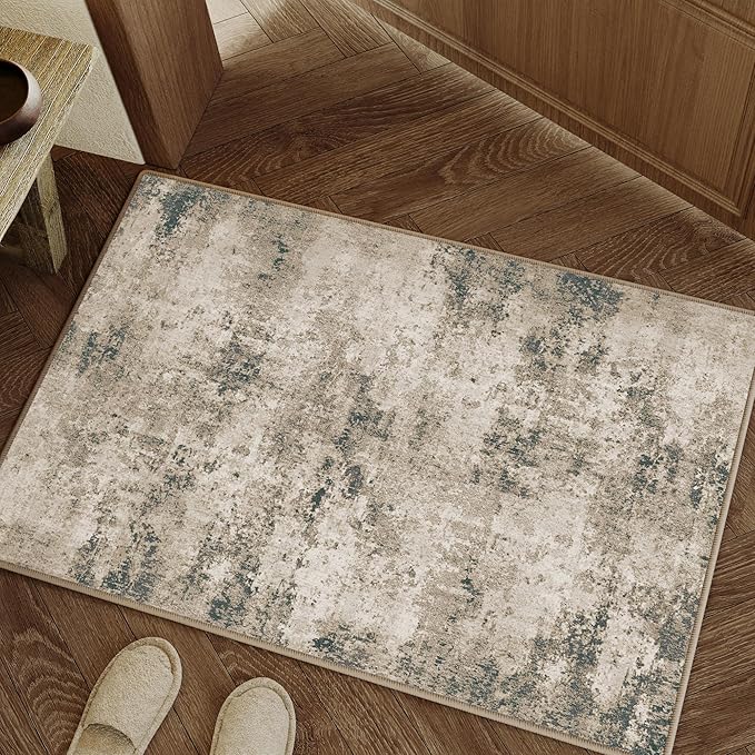 2x3 Entryway Rugs Brown Machine Washable Area Rug Entrance Door Mat Indoor Accent Rug Abstract Non Slip Low Pile Carpet Distressed Throw Rug for Kitchen Bedroom Office
