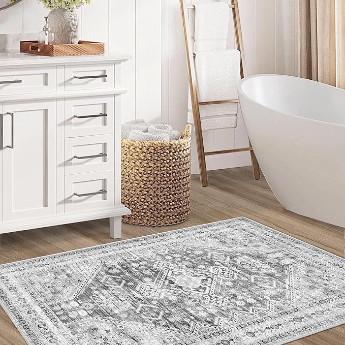 Zomfy Area Rug Vintage 2x3 Entryway Rugs: Small Washable Indoor Rug Traditional Oriental Medallion Rug for Bedroom Dining Table Kitchen Hallway(Grey, 2'x3')