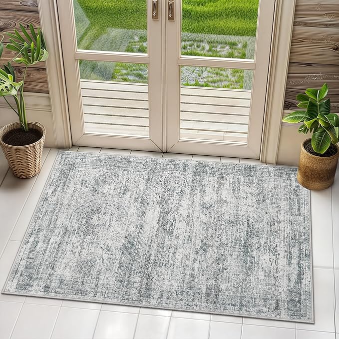 2x3 Washable Rugs for Kitchen, Floor, Entryway, Powder Room Small Area Rug Non-Slip Vintage Low Pile Throw Door Mat Grey
