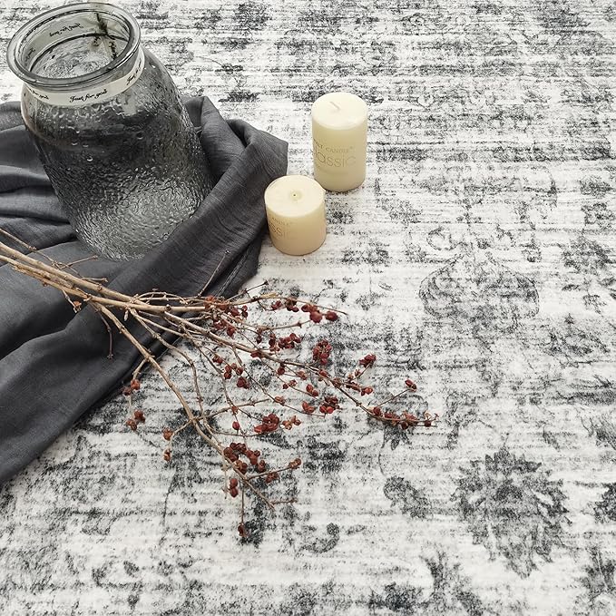 METSAVAIM 4x6 Rug – Traditional Area Rug for Bedroom | Machine Washable Rug for Outdoor & Indoor Use – Vintage Floral Rug for Living Room, Dining Room and Office | Grey