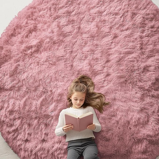 OLANLY Pale Pink Round Rugs for Bedroom - Machine Washable, 9x9 Feet Circle Area Rugs for Living Room, Soft and Fluffy Shaggy Carpet for Teen Girls and Boys, Dorms, Nursery Rooms, Home Decor Aesthetic