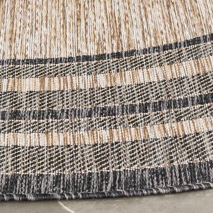 SAFAVIEH Courtyard Collection Area Rug - 7'10" Round, Natural & Black, Indoor/Outdoor, Weather Resistant & Washable, Ideal for Patio, Backyard, Mudroom, Deck (CY8475)