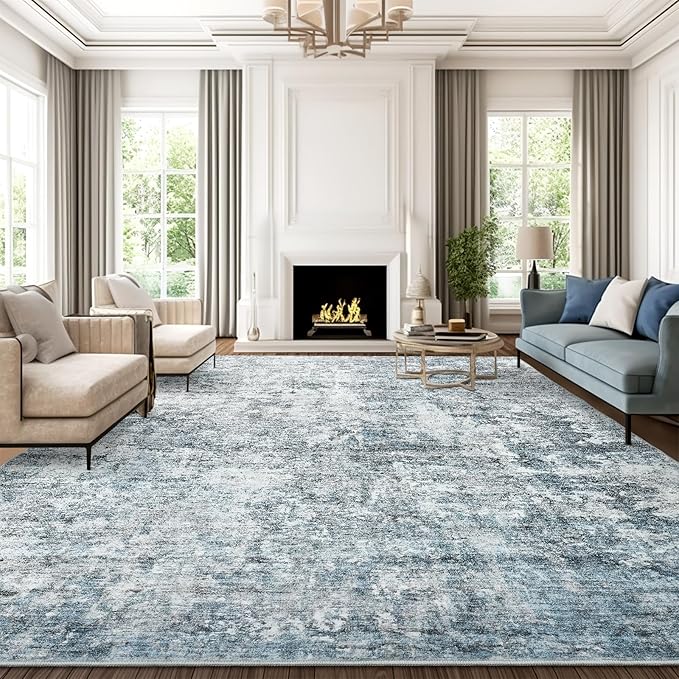 10x14 Area Rugs for Living Room, Non Slip Machine Washable Vintage Rugs, Low Pile Lightweight Large Rug for Bedroom, Dining Room, Home Office Blue