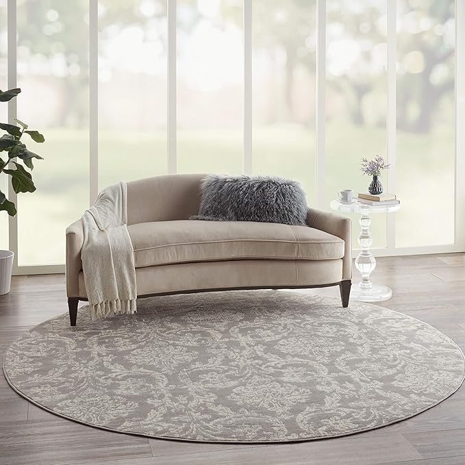 Nourison Jubilant Damask Grey 8' x Round Area -Rug, Easy -Cleaning, Non Shedding, Bed Room, Living Room, Dining Room, Kitchen (8 Round)