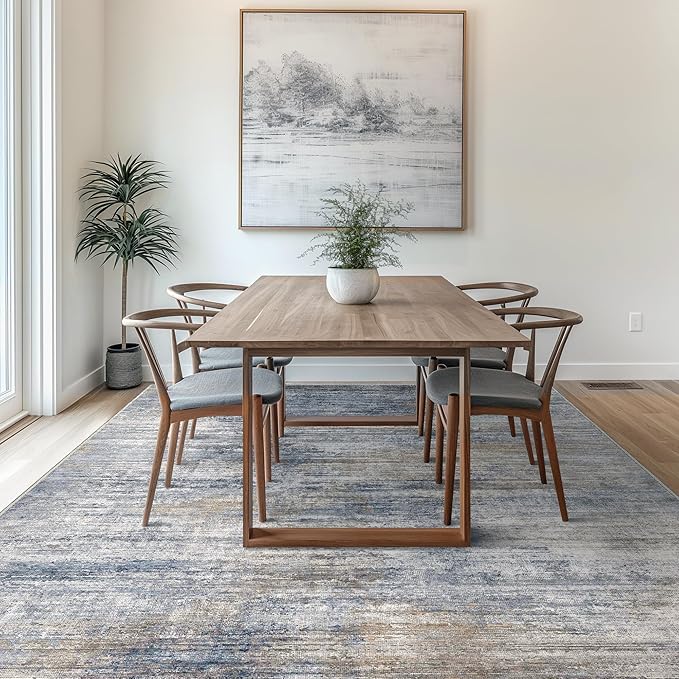 Bavni Washable Rug, Soft Abstract Rugs Non-Slip, Thin Foldable 6x9 Rug, Modern Stain Resistant Area Rug for Living Room, Kitchen, Bedroom, Blue/Light Grey