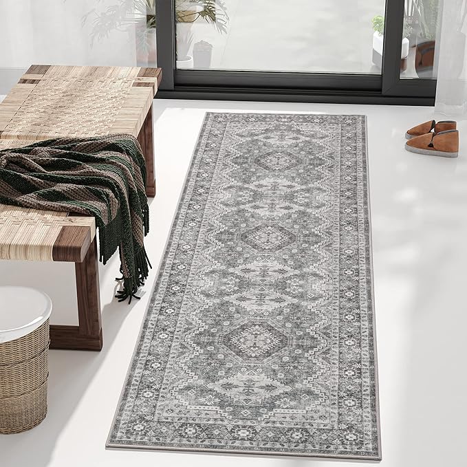 Rugland 2'6x8' Runner Rug - Stain Resistant Entryway Rug, Anti Slip Backing Hallway Runner, Vintage Tribal Area Rugs (TPR07-Grey, 2'6x8')