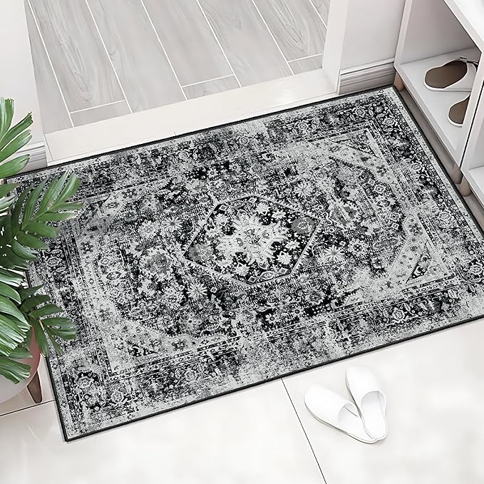 MUJOO Black Rug Washable Small Entryway Rug Boho Bathroom Rugs for Bedroom Non Slip Throw Carpet Entry Area Rug for Front Door Laundry Room Soft Floral Indoor Home Decor 2'x3'