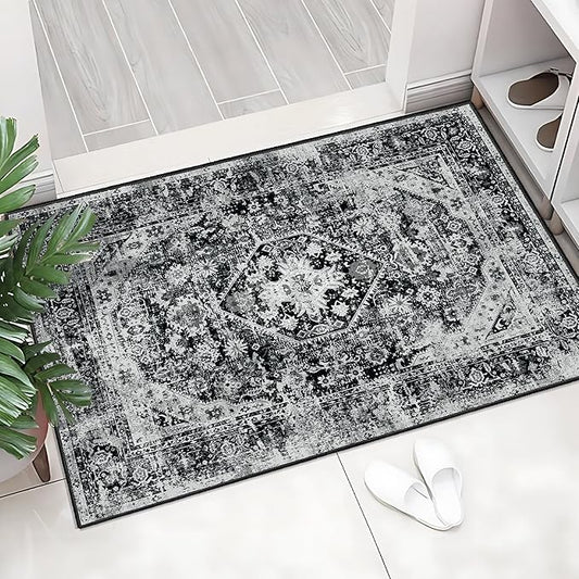 MUJOO Black Rug Washable Small Entryway Rug Boho Bathroom Rugs for Bedroom Non Slip Throw Carpet Entry Area Rug for Front Door Laundry Room Soft Floral Indoor Home Decor 2'x3'