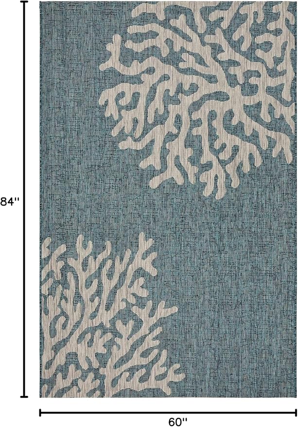 LR Home 5 x 7 Indoor/Outdoor Area Rug for Home Decor | Coastal Reef carpet for living room, bedroom, playroom, patio, garden | Modern farmhouse rug | Blue/Gray