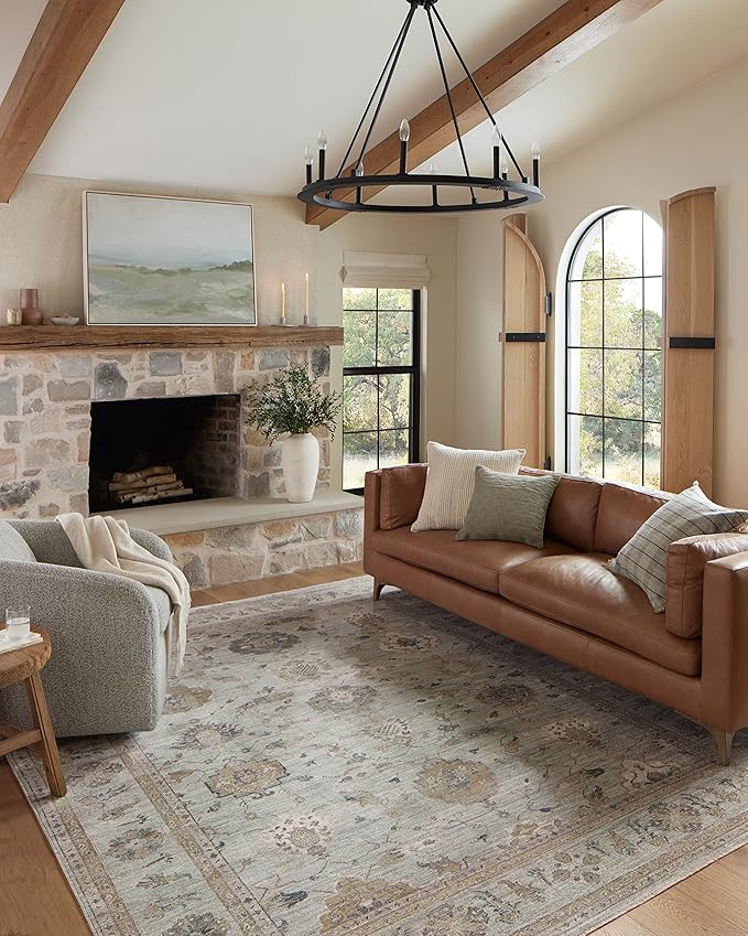 Loloi Magnolia Home by Joanna Gaines Millie Collection MIE-02 Sky/Gold 9'-6" x 9'-6", .25" Pile Height, Round Area Rug