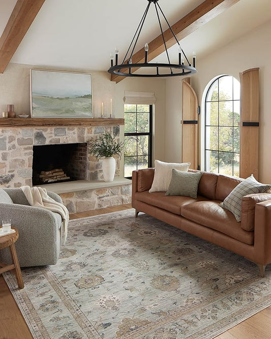 Loloi Magnolia Home by Joanna Gaines Millie Collection MIE-02 Sky/Gold 9'-6" x 9'-6", .25" Pile Height, Round Area Rug