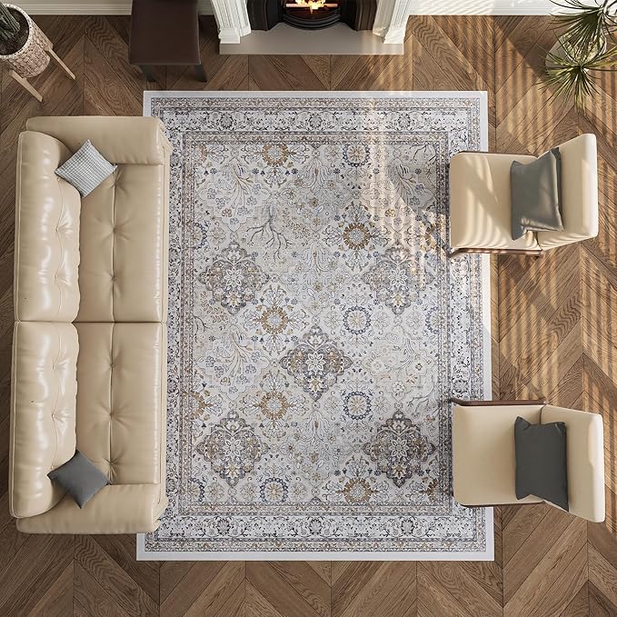 9x12 Rug, Washable Neutral Boho Modern Vintage Non Slip Floral Area Carpet, Low Pile Soft Rugs, Slip Resistance, Pet-Friendly, Durable Rug for Living Room, Bedroom, Kitchen, Dining Room