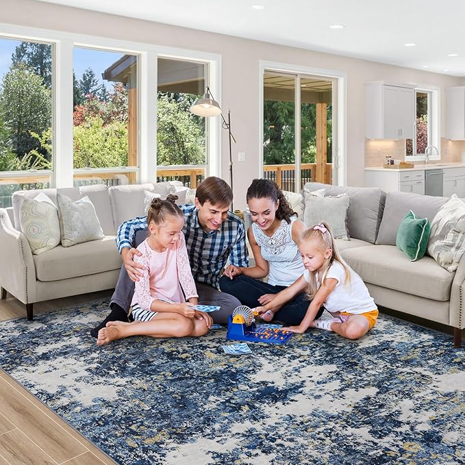 10x14 Area Rugs Living Room Rugs: Large Washable Rug with Anti-Slip Backing Non-Shedding Stain-Resistant Soft Abstract Carpet for Bedroom Dining Room Nursery Home Office-Blue/Multi