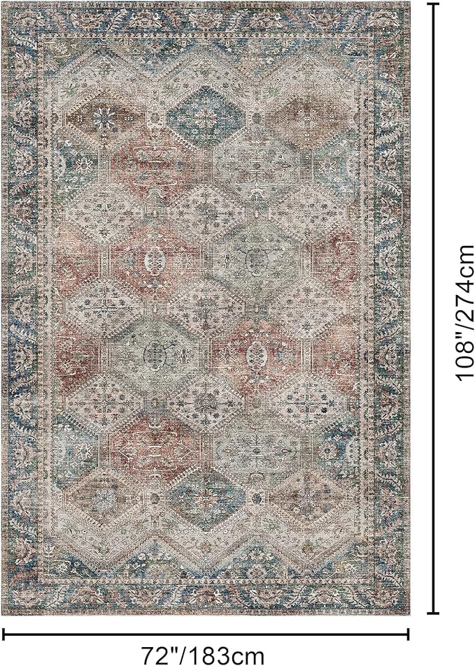 Bavni 6x9 Area Rugs for Living Room, Machine Washable Rug Non Slip, Vintage Chenille Distressed Print Carpet, Large Low Pile Ultra-Thin Lightweight Rugs for Bedroom, Dining Room, Home, Office, Red