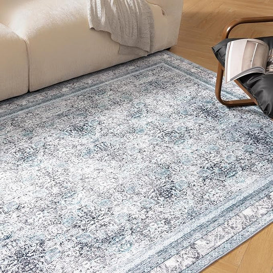 Phantoscope Vintage Collection Area Rug 5'x7' - Washable Rug Boho Rugs Non-Slip for Living Room, Bedroom, Dining Room, Dorm, Indoor Low-Pile Carpet Distressed Accent Rug, Blue/Grey