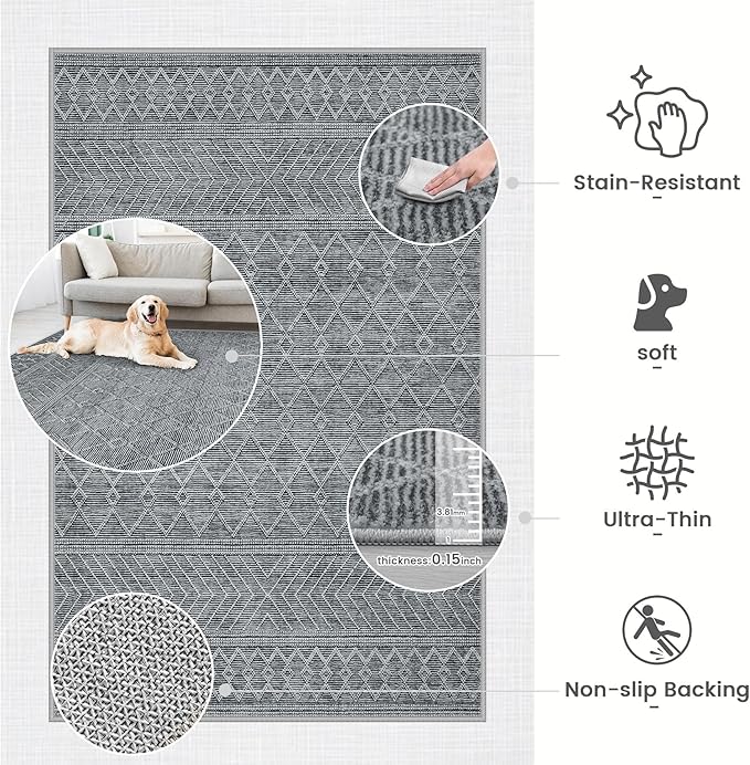 2x3 Rug Entryway Rugs: Washable Boho Small Geometric Moroccan Printed Pattern Rug Modern Indoor Soft Non Slip Ultra Thin Front Door Mat for Kitchen Bedroom (Black, 2'x3')