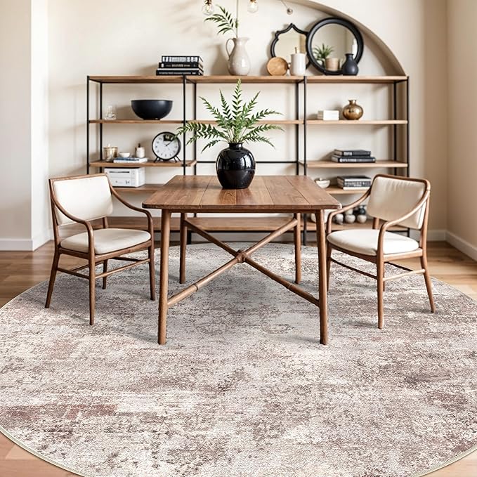 Washable Abstract 9ft Round Rugs - Large Rugs for Living Room Non Slip Indoor Entryway Rubber Backing Carpet Bedroom Kitchen Distressed Stain Resistant Floor Decor Mat Machine Washable 9ft Brown