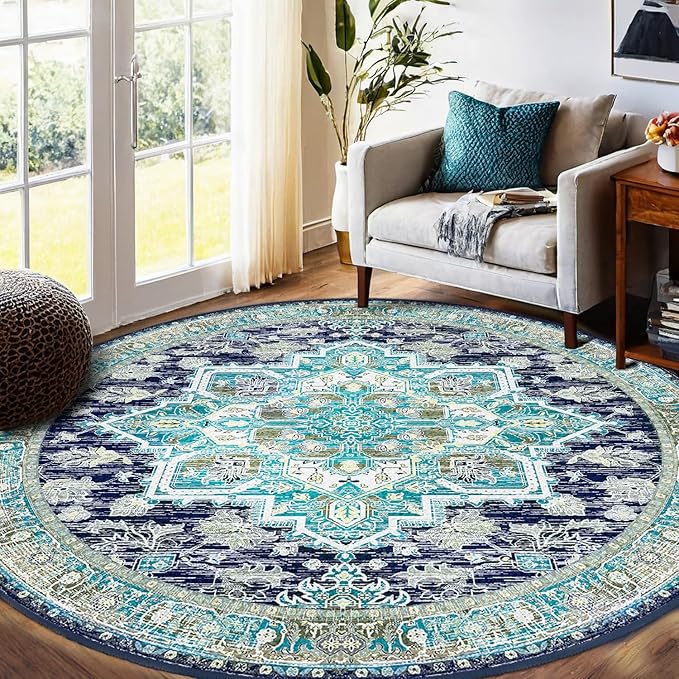 BESTSWEETIE 4ft Area Rugs for Living Room Washable Non Slip Carpet Low Pile Soft Vintage Print Pattern Rug for Bedroom Dining Room Kitchen Entryway Indoor-Teal/Navy/Green/Yellow
