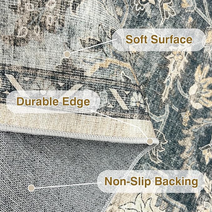 Ultra-Thin 3x5 Vintage Area Rug, Small Non-Slip Oriental Medallion Distressed Rug, Non-Shedding Indoor Floor Carpet for Living Laundry Room, Teal Entry Rug
