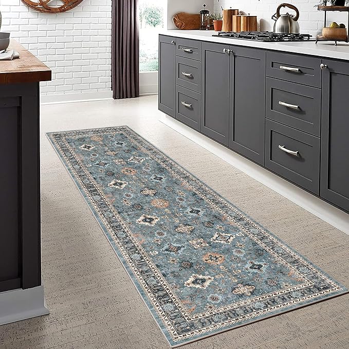2x6 Runner Rug, Ultra-Thin Bathroom Rug, Blue Low Pile Laundry Room Mat, Machine Washable Boho Rug for Hallways Entryway Kitchen Bathroom Bedside Camper
