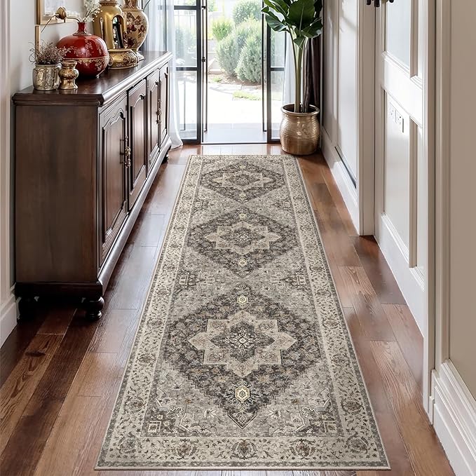 2.6x8 Washable Runner Rug for Hallways, Non Slip Vintage, Soft Low Pile Long Runner, Print Distressed Brown/Grey Carpet Runners for Kitchen Bedroom Entryway Bathroom Living Room