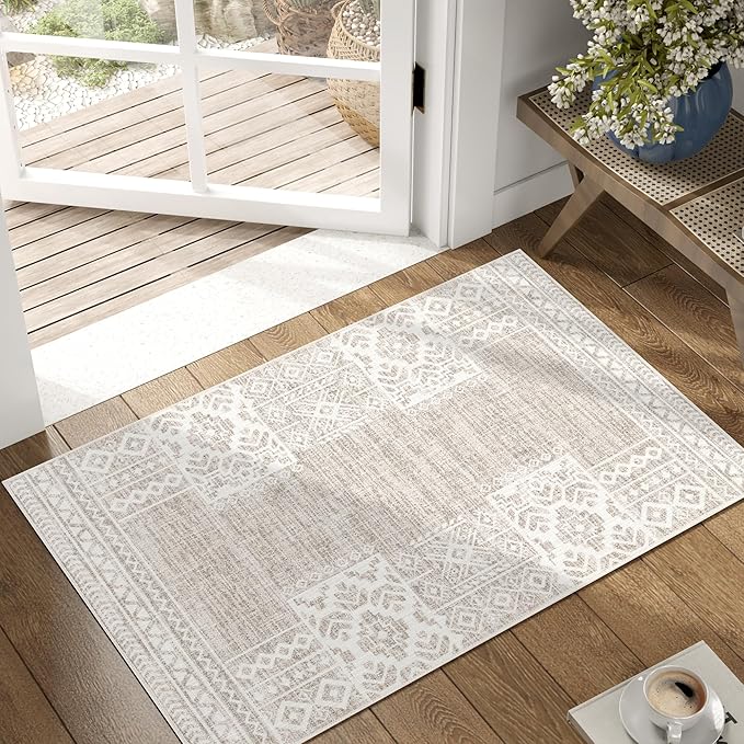 jinchan Area Rug 2x3 Ultra-Thin Door Mat Washable Vintage Boho Geometric Entryway Rug Non-Slip Non-Shedding Carpet for Bathroom Bedroom Laundry Room Brown Ivory