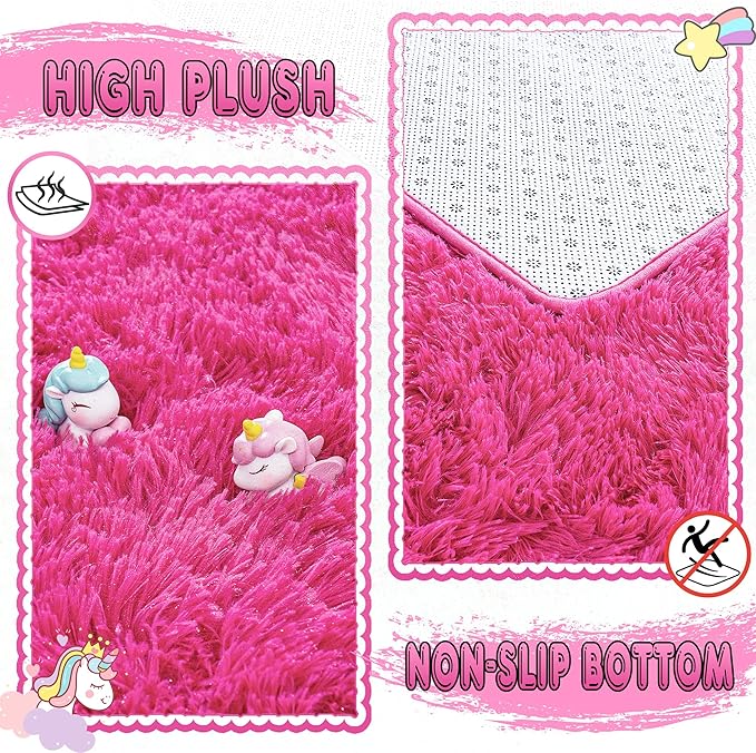 Ultra Fluffy Area Rugs for Living Room Bedroom, 6x9 Fuzzy Large Living Room Rugs, Thick Shag Rug for Dorm, Soft Non Slip Kids Girls Boys Rug for Home Decor Aesthetic, Hot Pink