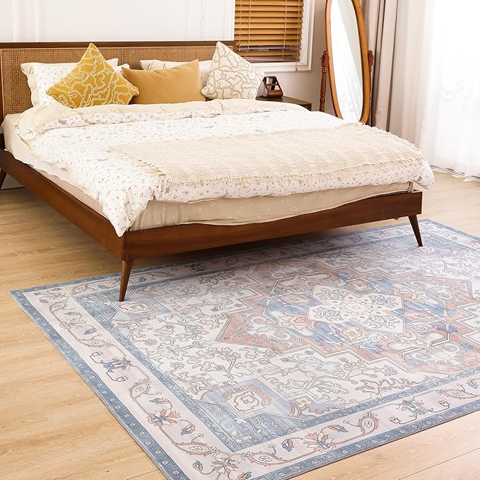 Carvapet Rugs for Living Room, Vintage Low Pile Large Carpet with Rubber Backing, Foldable, Non Slip Machine Washable (7 x 5 Feet Rectangular, Orange/Blue Area Rug)