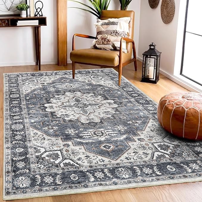 3x5 Area Rugs Washable Boho Rug, Non Slip Carpet for Living Room, Boho Vintage Design Rug, Foldable Soft Low-Pile Rug, Blue/Gray-Brown