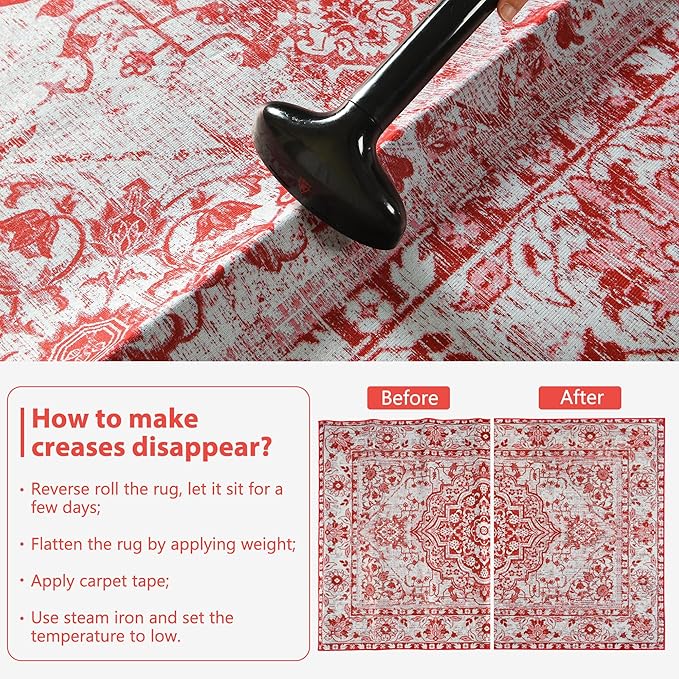 YJ.GWL Area Rug for Living Room, 4x6 Machine Washable Boho Rug for Bedroom, Low Pile Lightweight Thin Rugs Floral Vintage Distress Print Pattern Carpet for Dining Room, Red/White